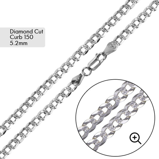 Silver Curb 150 1 Side Diamond Cut 1 Side Plain Chain or Bracelet 5.2mm