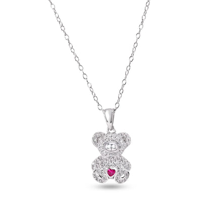 925 Sterling Silver Rhodium Plated Bear Heart Red and Clear CZ Pendant Necklace