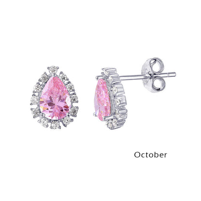 925 Sterling Silver Rhodium Plated Teardrop Halo CZ Birthstone Earrings