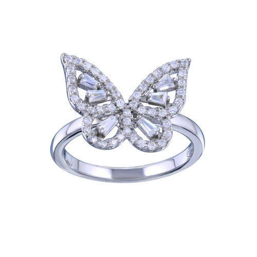 925 Sterling Silver Rhodium Plated Outline Clear CZ Butterfly Ring