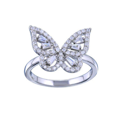 925 Sterling Silver Rhodium Plated Outline Clear CZ Butterfly Ring
