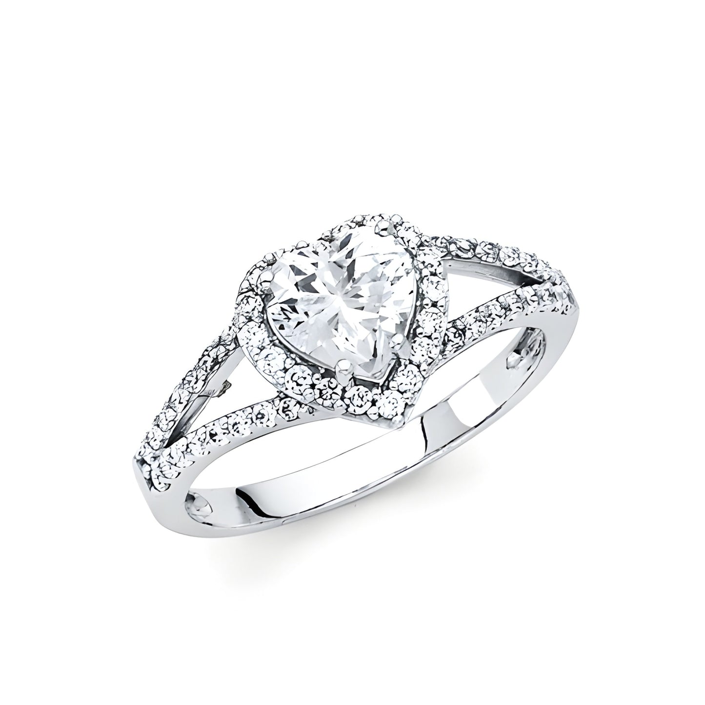 Heart Shaped Halo CZ Split Shank Engagement Ring in 14K White Gold