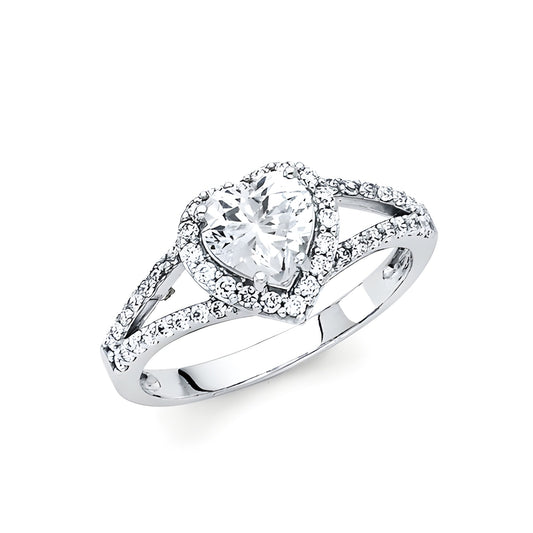 Heart Shaped Halo CZ Split Shank Engagement Ring in 14K White Gold