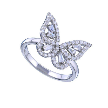925 Sterling Silver Rhodium Plated Outline Clear CZ Butterfly Ring