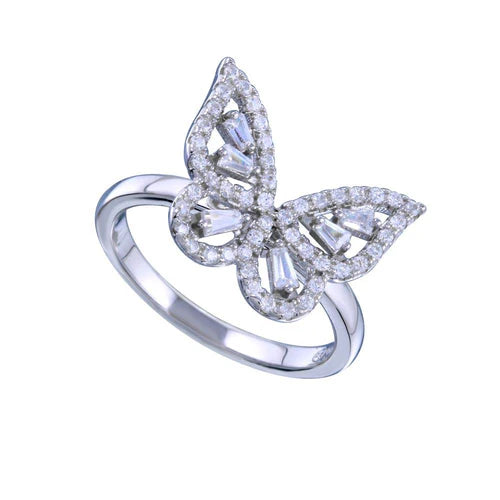 925 Sterling Silver Rhodium Plated Outline Clear CZ Butterfly Ring