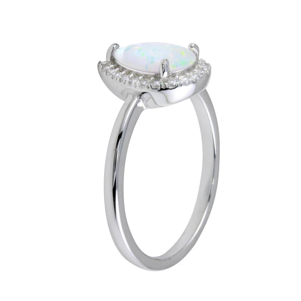 925 Sterling Silver Rhodium Plated Teardrop Synthetic Opal CZ Ring