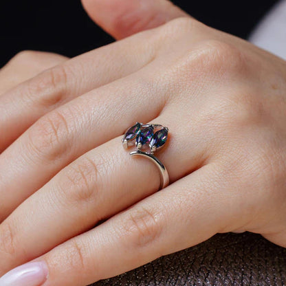 925 Sterling Silver Rhodium Plated 3 Oval Mystic Topaz CZ Ring