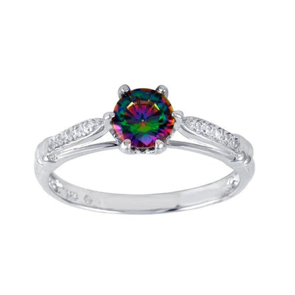 925 Sterling Silver Rhodium Plated  Oval Solitaire Synthetic Mystic Topaz CZ Ring