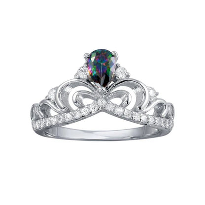 925 Sterling Silver Rhodium Plated Crown Synthetic Mystic Topaz CZ Ring