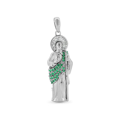 925 Sterling Silver Rhodium Plated Green CZ St Jude Pendant