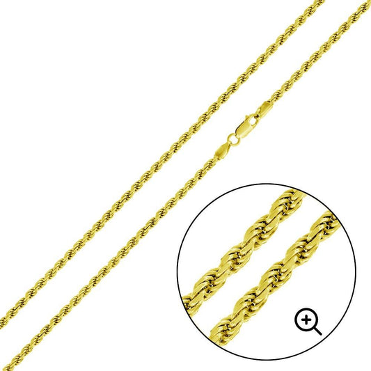 925 Sterling Silver Gold Plated Rope 050 Gold Plated Chain or Bracelet 2.2mm