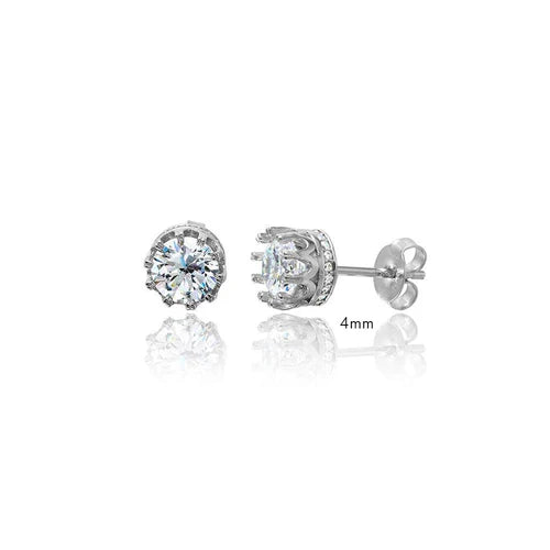 925 Sterling Silver Rhodium Plated Round Crown Basket Clear CZ Stud Earrings