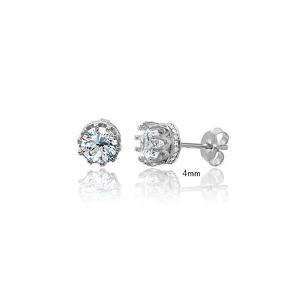 925 Sterling Silver Rhodium Plated Round Crown Basket Clear CZ Stud Earrings