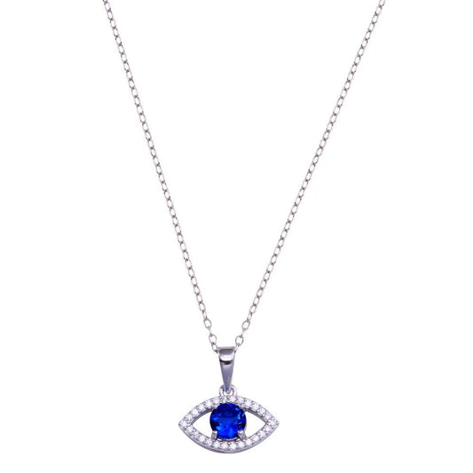 925 Sterling Silver Rhodium Plated Evil Eye Blue CZ Necklace