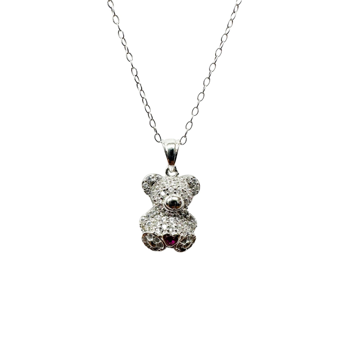 925 Sterling Silver Rhodium Plated Bear Heart Red and Clear CZ Pendant Necklace