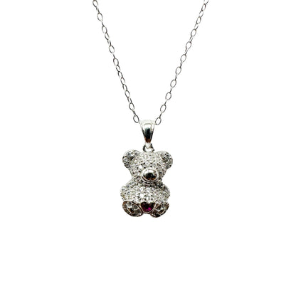 925 Sterling Silver Rhodium Plated Bear Heart Red and Clear CZ Pendant Necklace