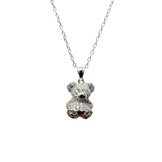 925 Sterling Silver Rhodium Plated Bear Heart Red and Clear CZ Pendant Necklace