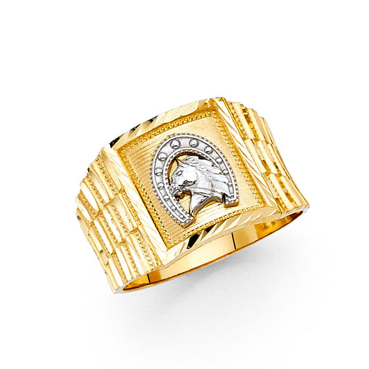 14K Men’s Two-Tone Horse Head Horseshoe Ring