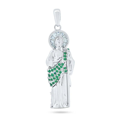 925 Sterling Silver Rhodium Plated Green CZ St Jude Pendant