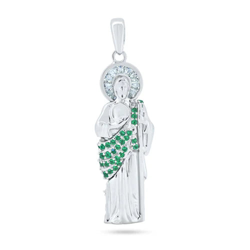 925 Sterling Silver Rhodium Plated Green CZ St Jude Pendant