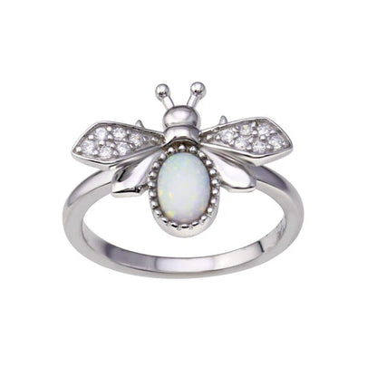 925 Sterling Silver Rhodium Plated Simulated Opal Bee Ring
