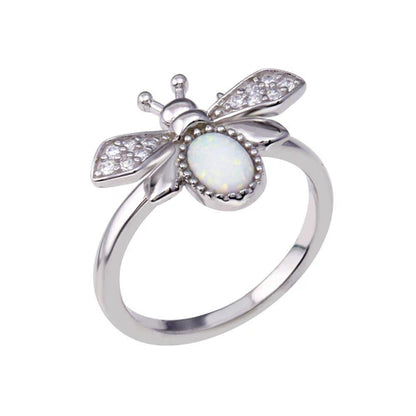 925 Sterling Silver Rhodium Plated Simulated Opal Bee Ring