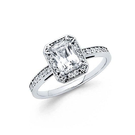14K White Gold Women's Emerald Cut Halo Cubic Zirconia Engagement Ring