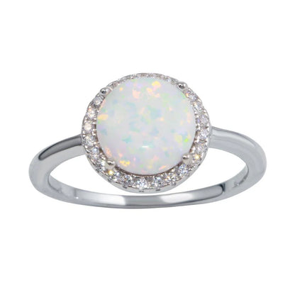 925 Sterling Silver Rhodium Plated Round Opal Stone Ring with CZ