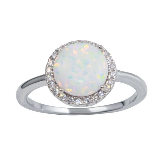 925 Sterling Silver Rhodium Plated Round Opal Stone Ring with CZ