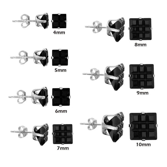 925 Sterling Silver Black Square CZ Invisible Cut Stud Earring