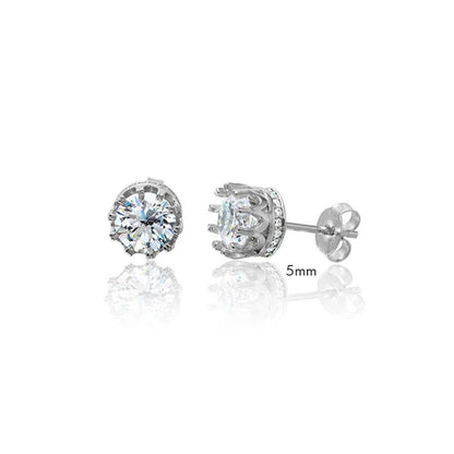 925 Sterling Silver Rhodium Plated Round Crown Basket Clear CZ Stud Earrings