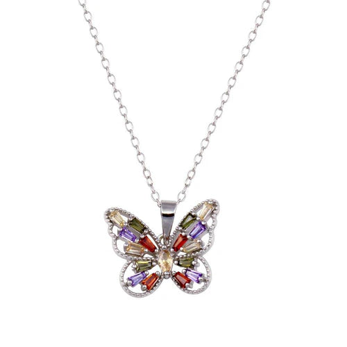 925 Sterling Silver Rhodium Plated Multicolor Baguette Butterfly Necklace
