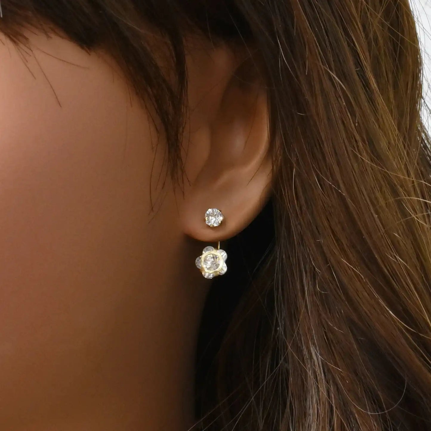 14 Karat Yellow Gold Flower Front and Back Earring