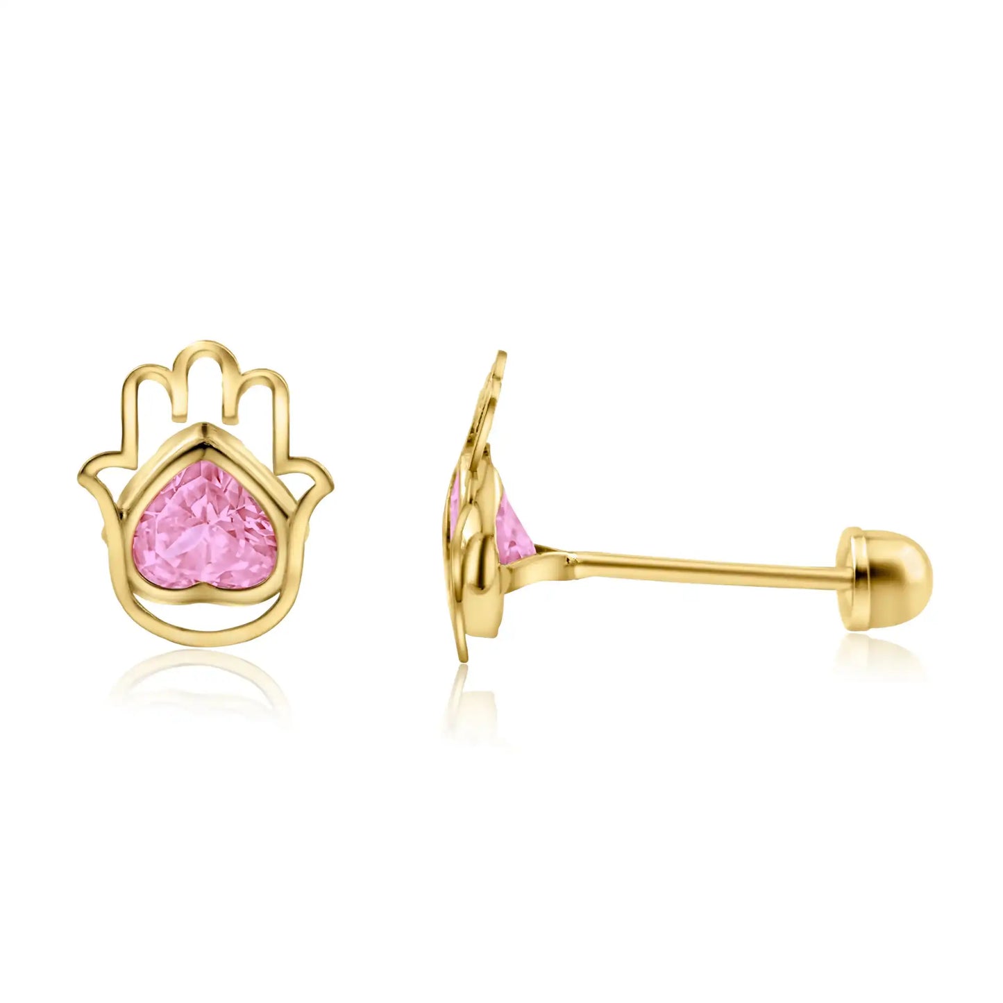 14 Karat Yellow Gold Hamsa Heart Pink CZ Screw Back Stud Earrings