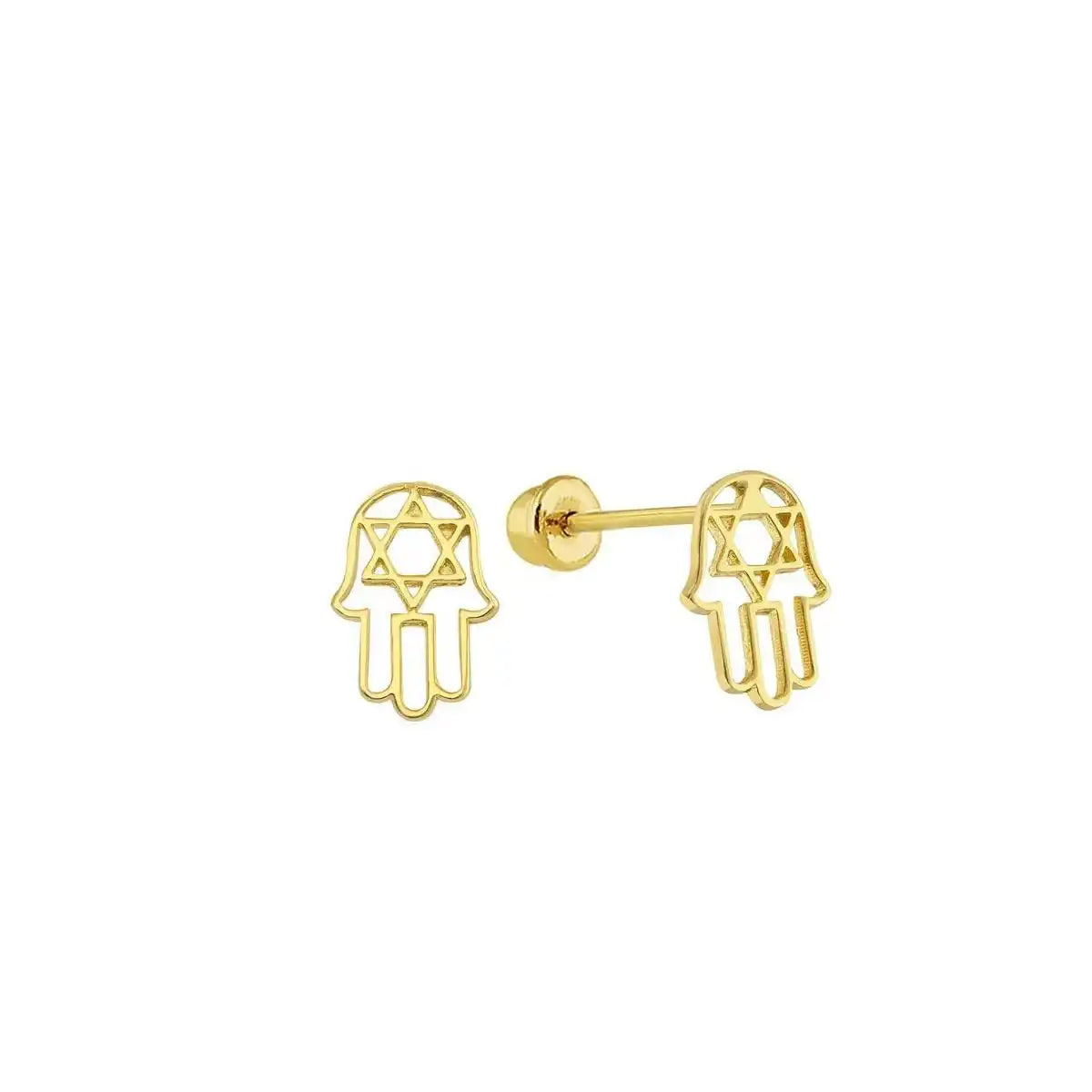 14 Karat Yellow Gold Hamsa Hand Star Of David Screw Back Stud Earring