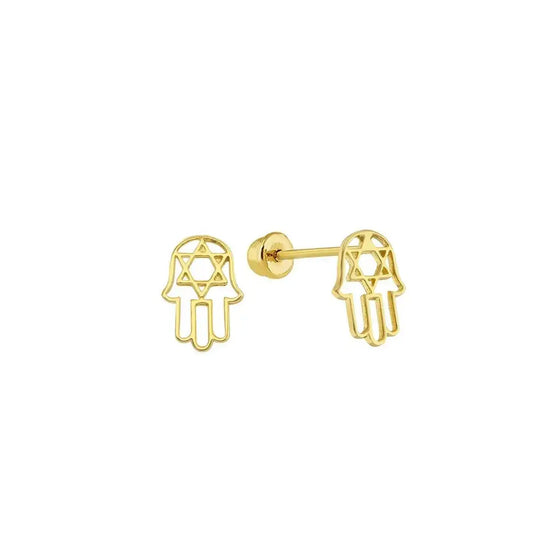 14 Karat Yellow Gold Hamsa Hand Star Of David Screw Back Stud Earring