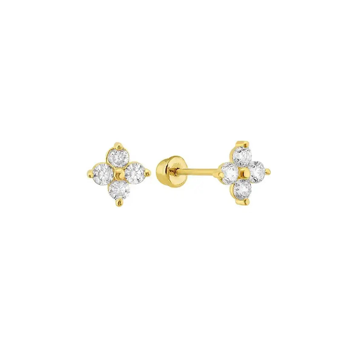 14 Karat Yellow Gold 4 CZ Flower Screw Back Stud Earring