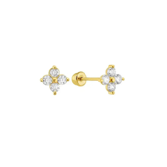 14 Karat Yellow Gold 4 CZ Flower Screw Back Stud Earring
