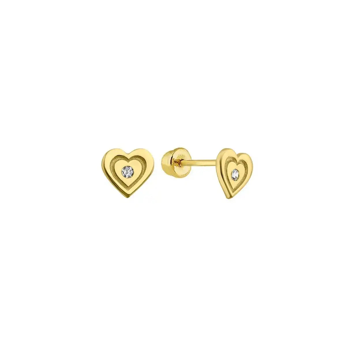 14 Karat Yellow Gold Double Heart CZ Screw Back Stud Earring