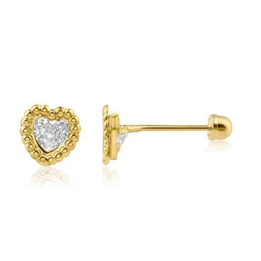 14 Karat Yellow Gold Beaded Edge Heart Clear CZScrew Back Stud Earring