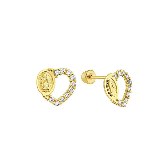 14 Karat Yellow Gold Open Heart CZ Guadalupe Screw Back Stud Earring