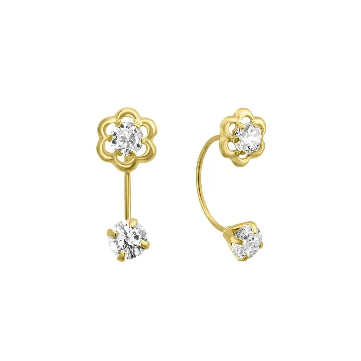 14 Karat Yellow Gold CZ Front-Back Flower Screw Back Earring