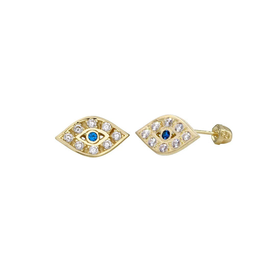14 Karat Yellow Gold CZ Evil Eye Screw Back Earring
