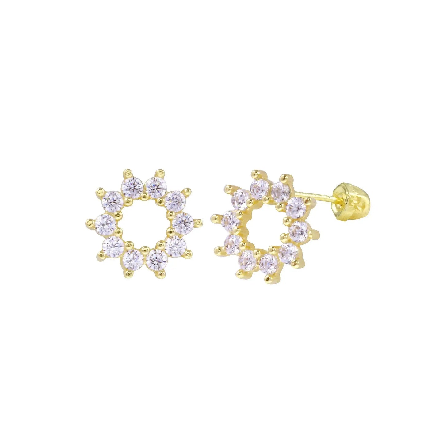 14 Karat Yellow Gold Open Sunflower CZ Screw Back Earring