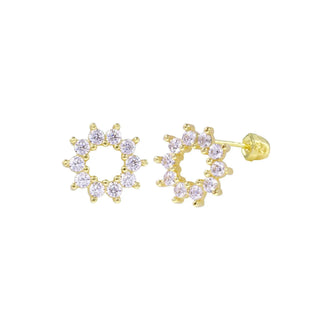 14 Karat Yellow Gold Open Sunflower CZ Screw Back Earring