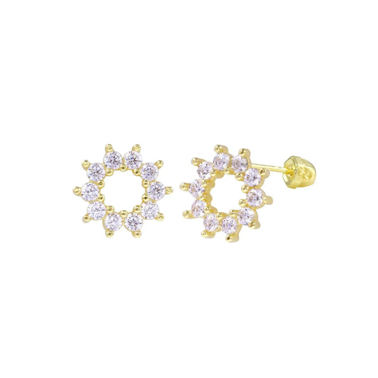 14 Karat Yellow Gold Open Sunflower CZ Screw Back Earring