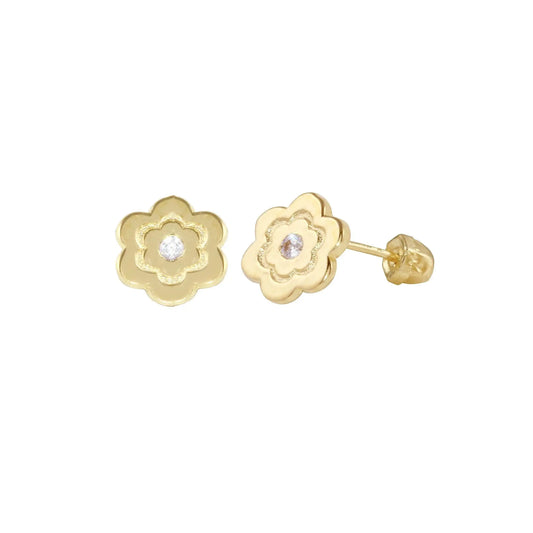 14 Karat Yellow Gold flower CZ Center Screw Back Earring