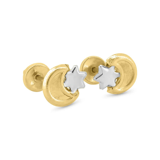 14 Karat Yellow Gold Moon and Star Screw Back Earrings