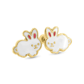 14 Karat Yellow Gold White Rabbit Screw Back Earrings