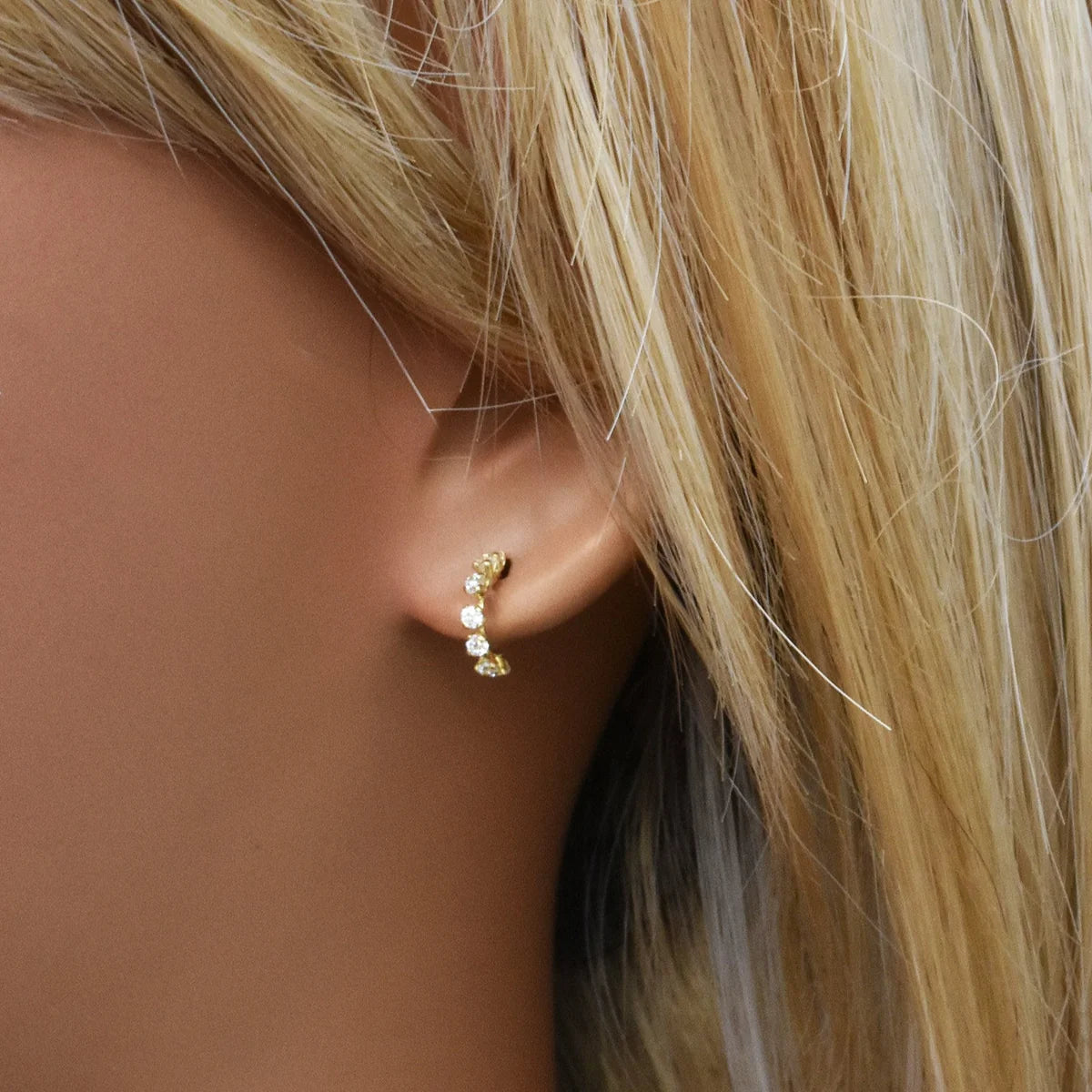 14 Karat Yellow Gold Semi Hoop Clear CZ Screw Back Earrings